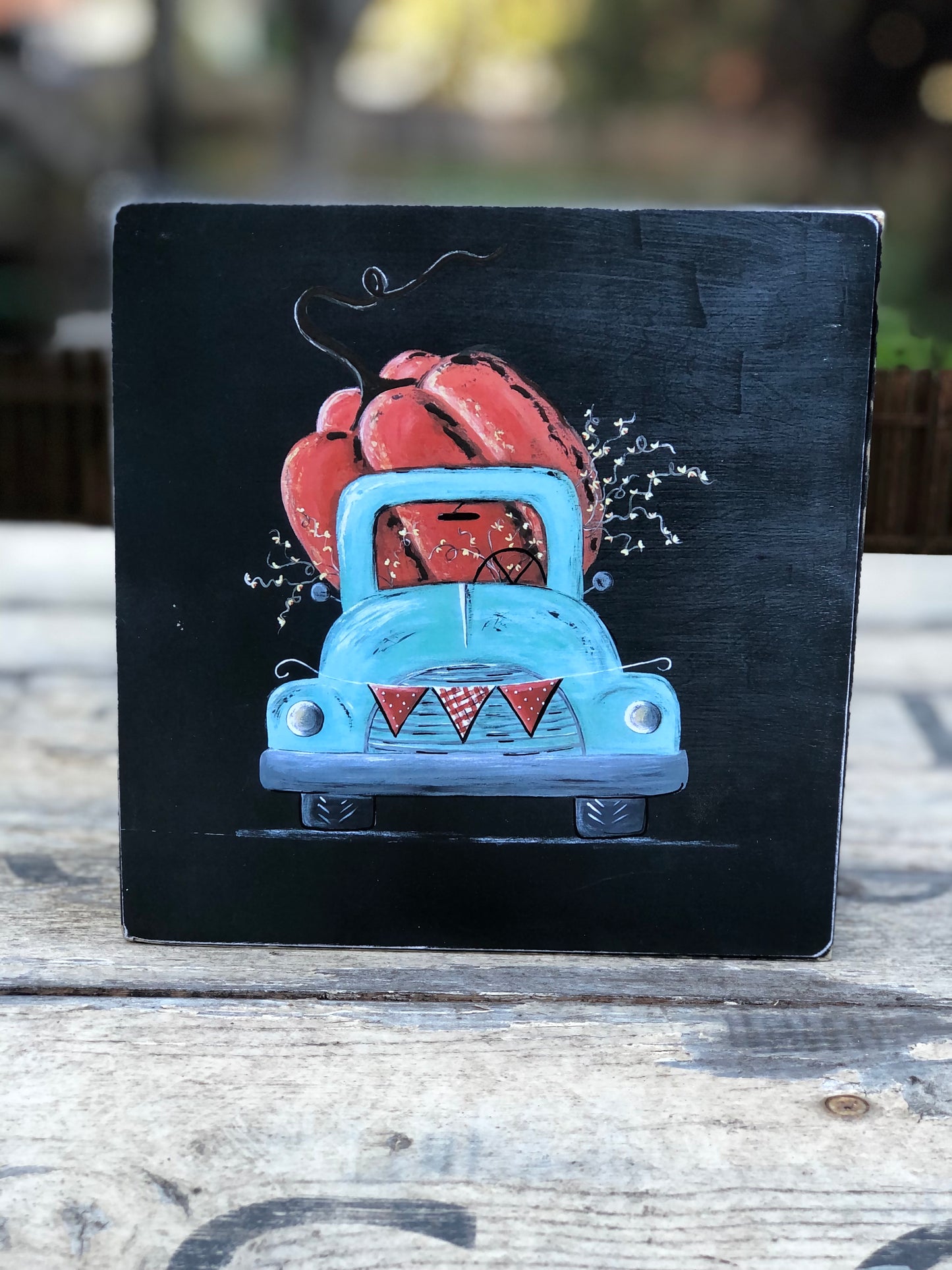 TRUCK -7.25 IN. SKY BLUE WITH PUMPKIN PRINT - WOOD SIGN