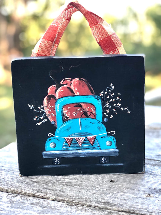 TRUCK -7.25 IN. TURQUOISE TRUCK WITH PUMPKIN PRINT - WOOD SIGN