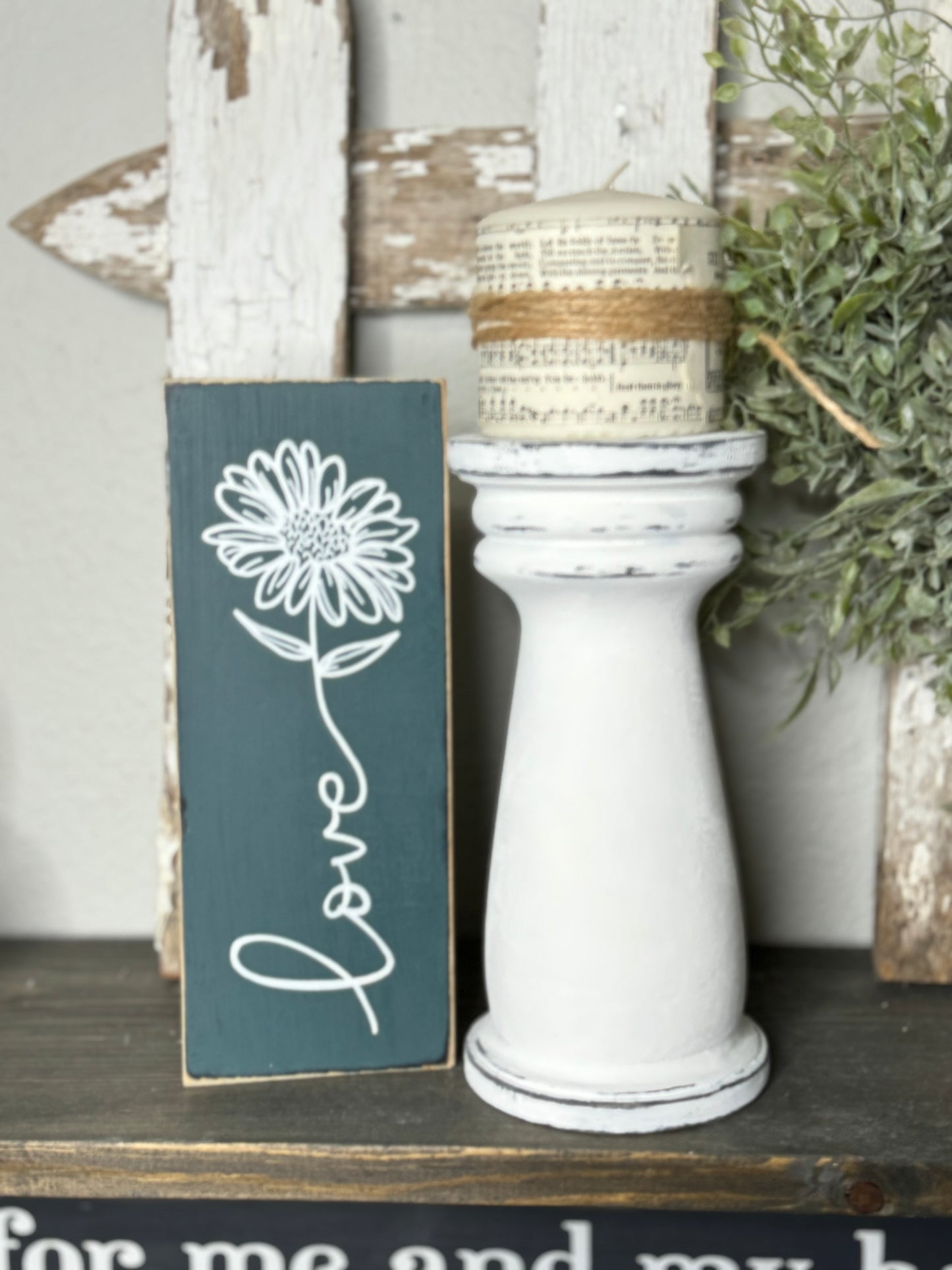 HANDMADE REPURPOSED WOOD CANDLE HOLDER  – UPCYCLED BED POST, TABLE LEG OR BANNISTER, DISTRESSED FINISH - INCLUDES HYMNAL WRAPPED PILLAR CANDLE