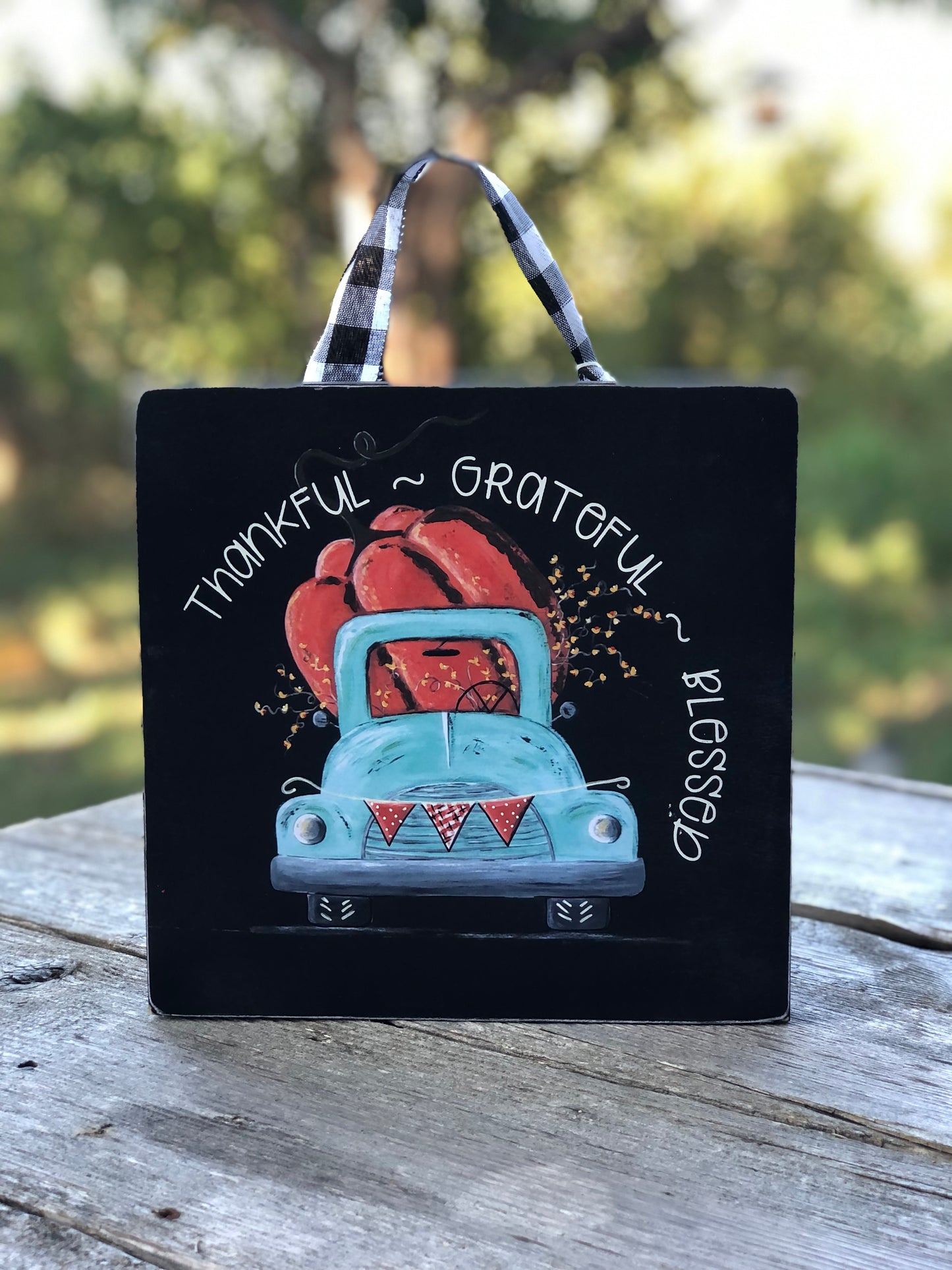 TRUCK -9.25 IN. SKY BLUE TRUCK WITH PUMPKIN PRINT - WOOD SIGN