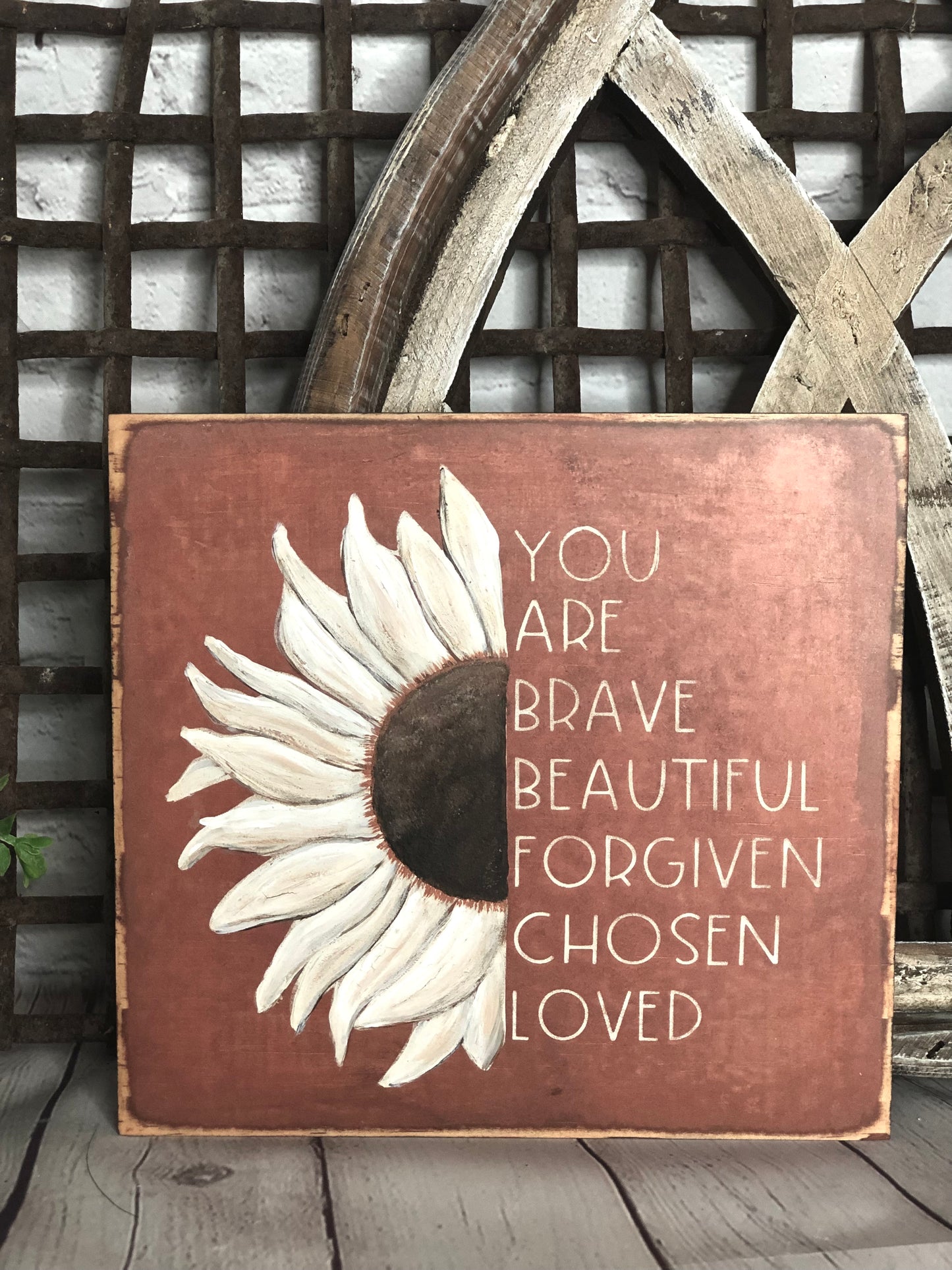 HAND-PAINTED SUNFLOWER YOU ARE BRAVE, BEAUTIFUL, FORGIVEN, CHOSEN, LOVED WOOD SIGN