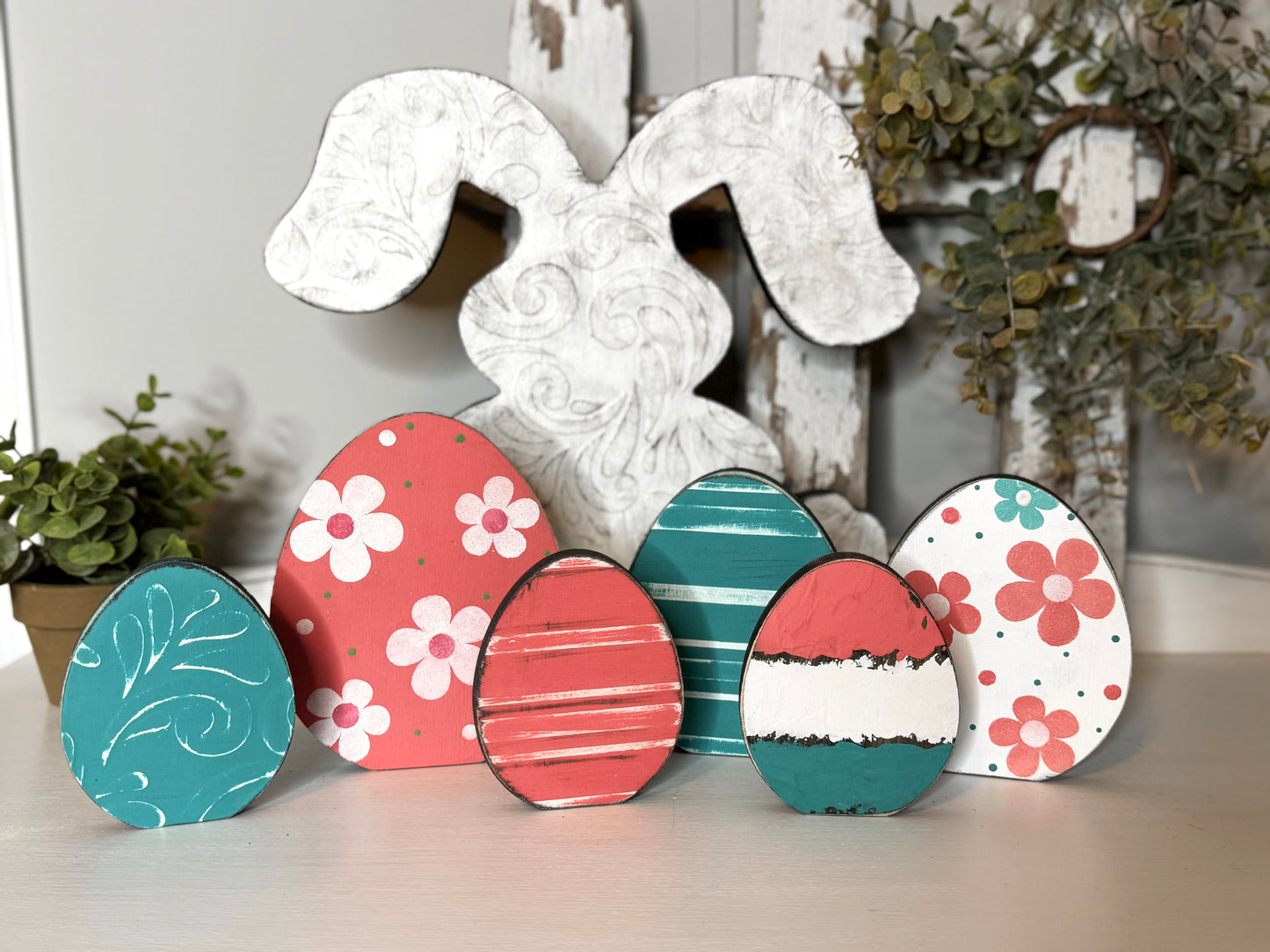 Hand-Painted Wooden Standing Easter Eggs – Unique Spring Decor, Tiered Tray & Easter Basket Filler