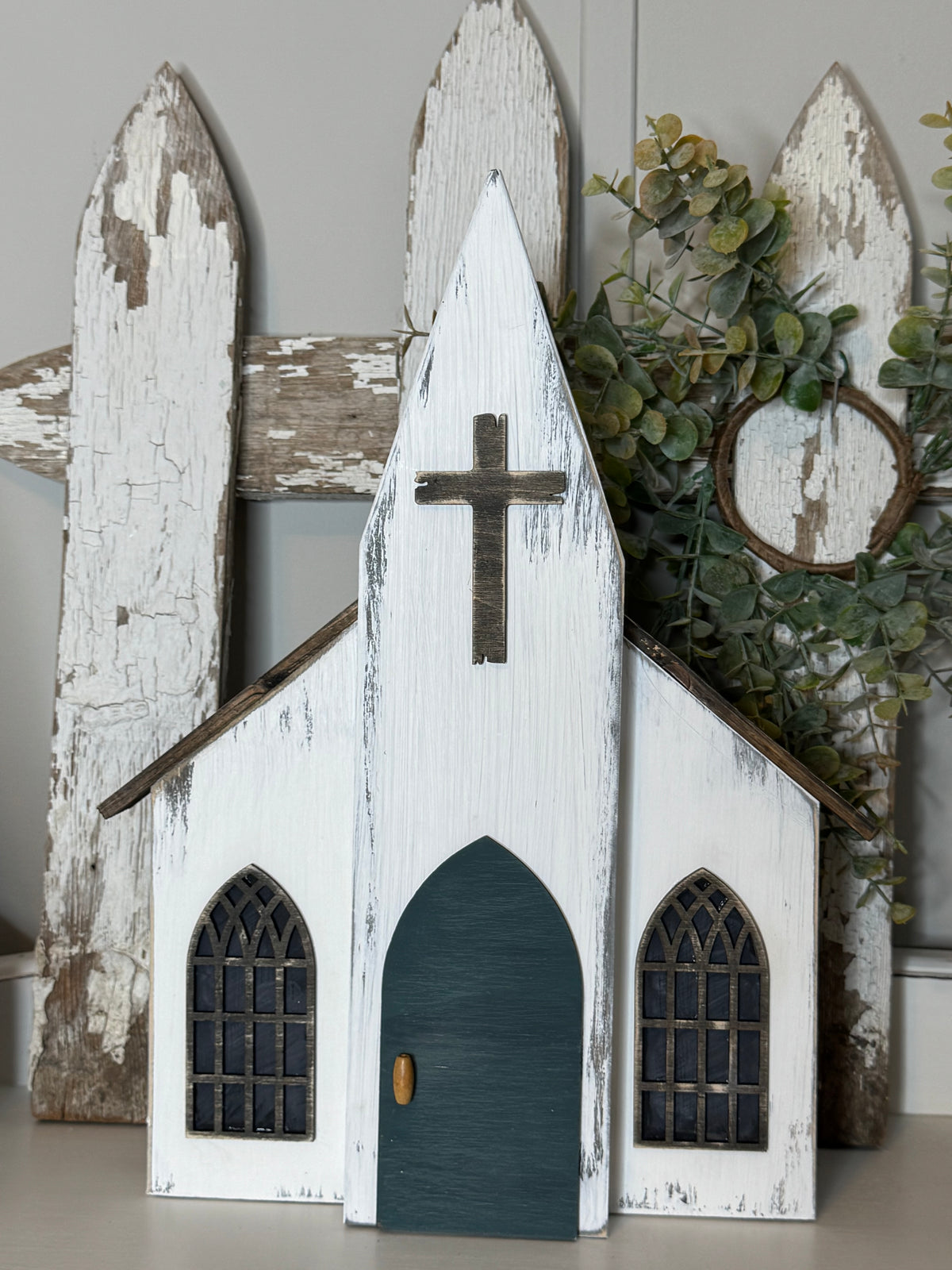 A HANDMADE WOODEN CHURCH- 3D LASER CUT ELEMENTS, ANTIQUED DOORS, DRY-BRUSHED FINISH