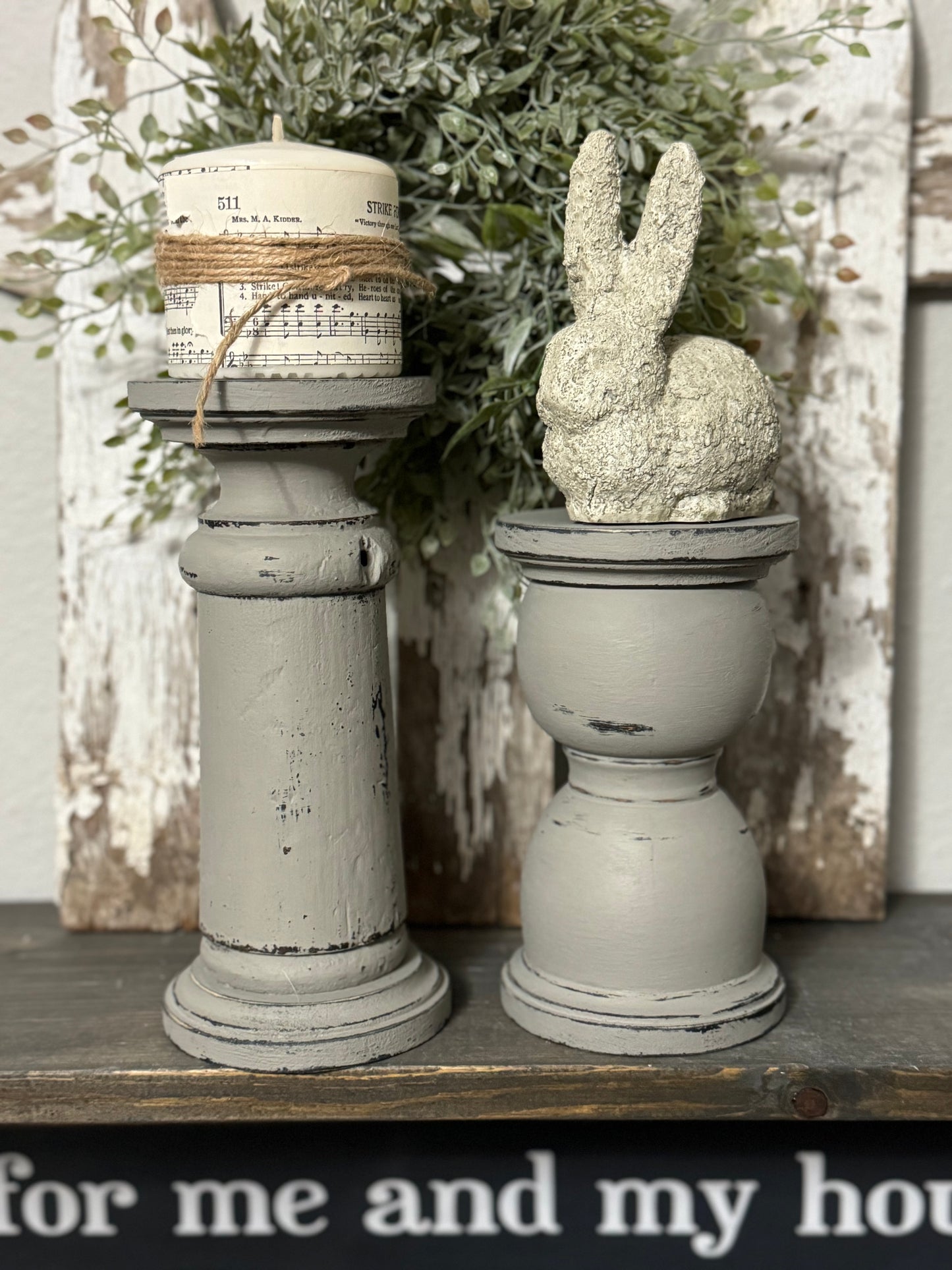 HANDMADE REPURPOSED WOOD CANDLE HOLDER  – UPCYCLED BED POST, TABLE LEG OR BANNISTER, DISTRESSED FINISH - INCLUDES HYMNAL WRAPPED PILLAR CANDLE