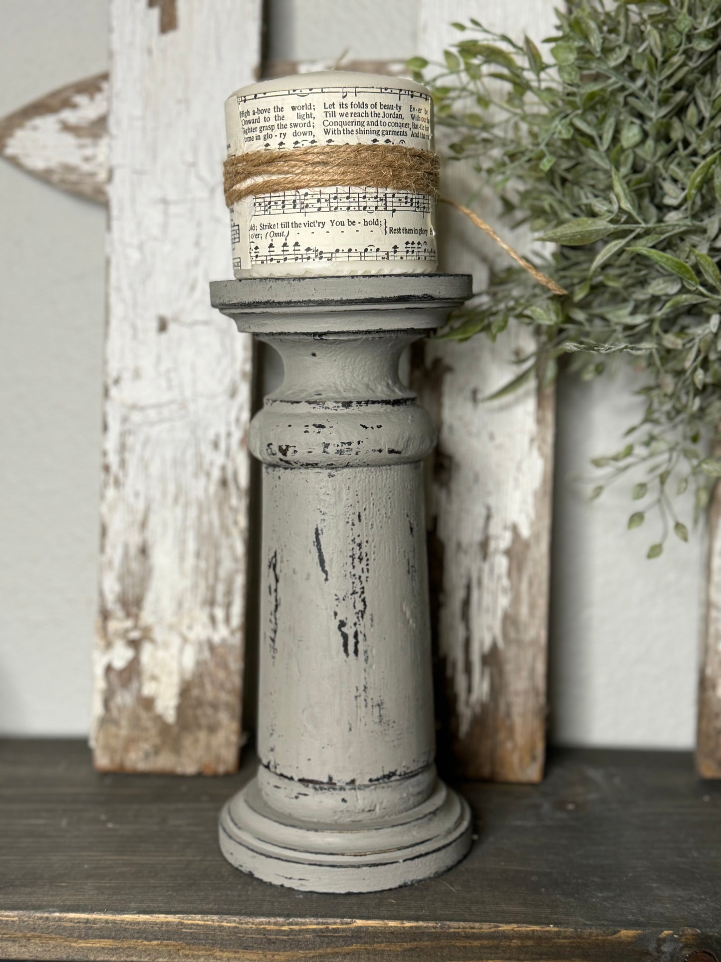 HANDMADE REPURPOSED WOOD CANDLE HOLDER  – UPCYCLED BED POST, TABLE LEG OR BANNISTER, DISTRESSED FINISH - INCLUDES HYMNAL WRAPPED PILLAR CANDLE
