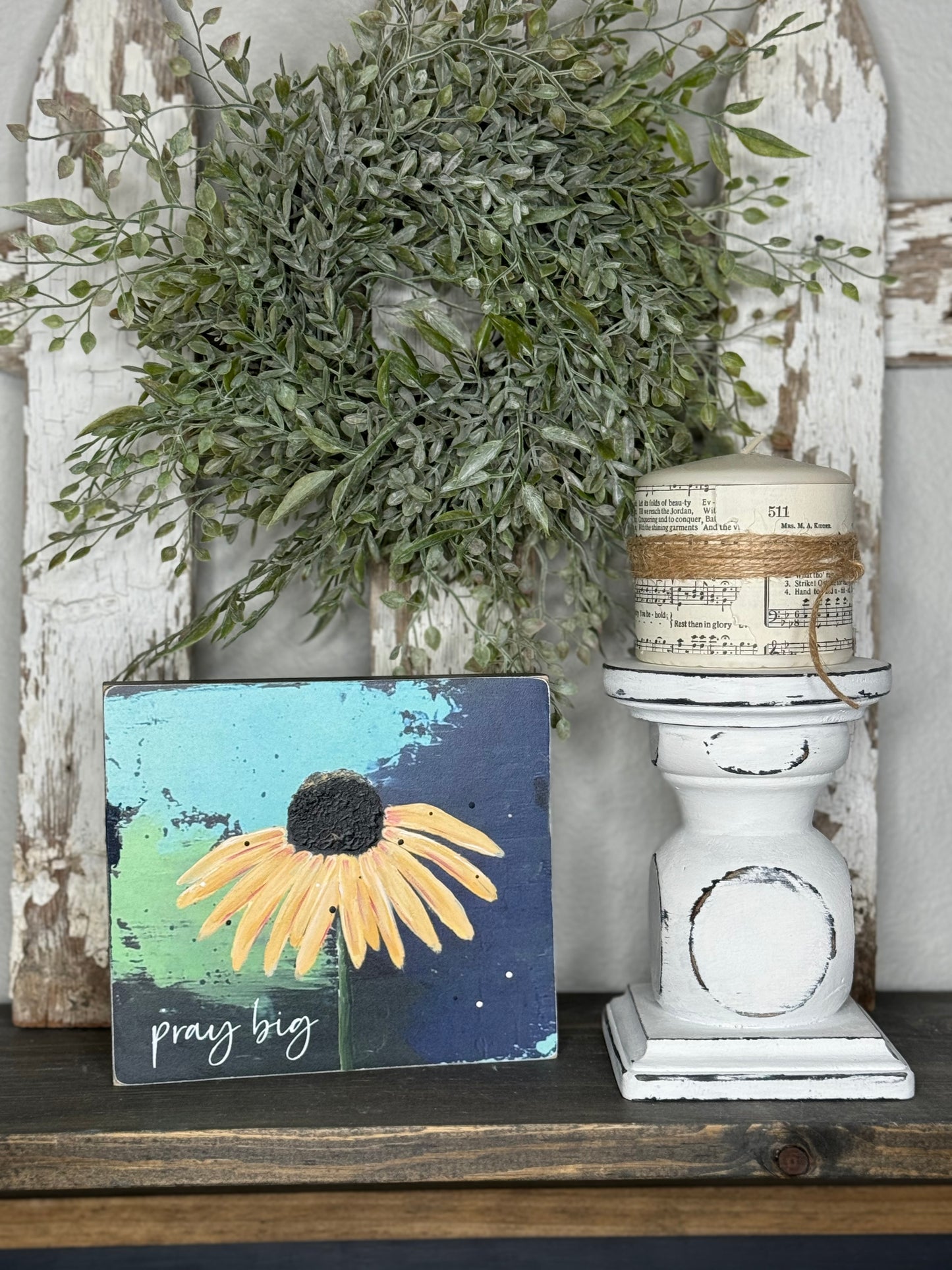 HAND PAINTED CONEFLOWER SIGN - MIXED MEDIA FLORAL PAINTING ON PRINTED BACKGROUND, UNIQUE FLOWER ARTWORK FOR SHELF OR MANTEL
