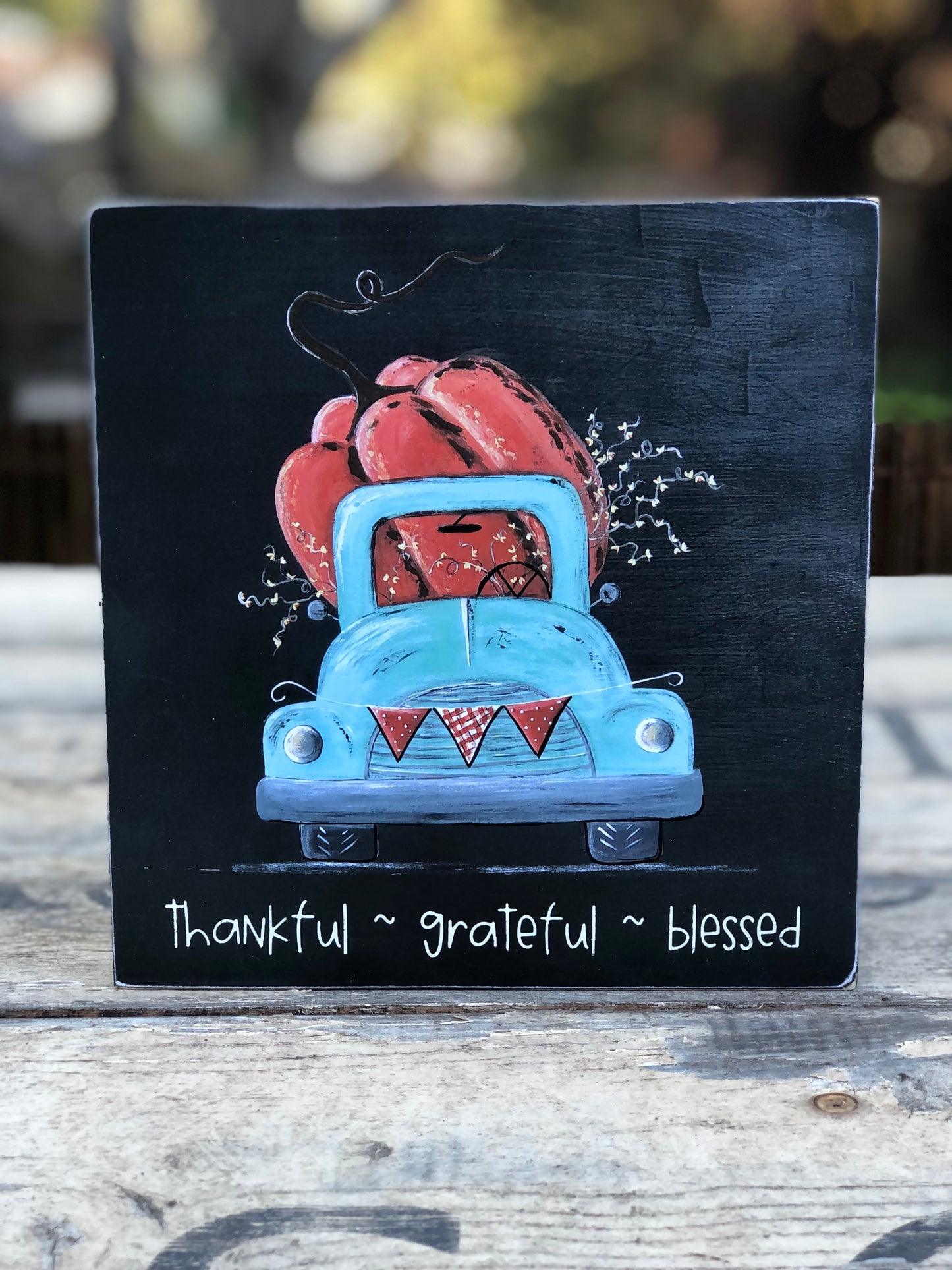 TRUCK -7.25 IN. SKY BLUE WITH PUMPKIN PRINT - WOOD SIGN