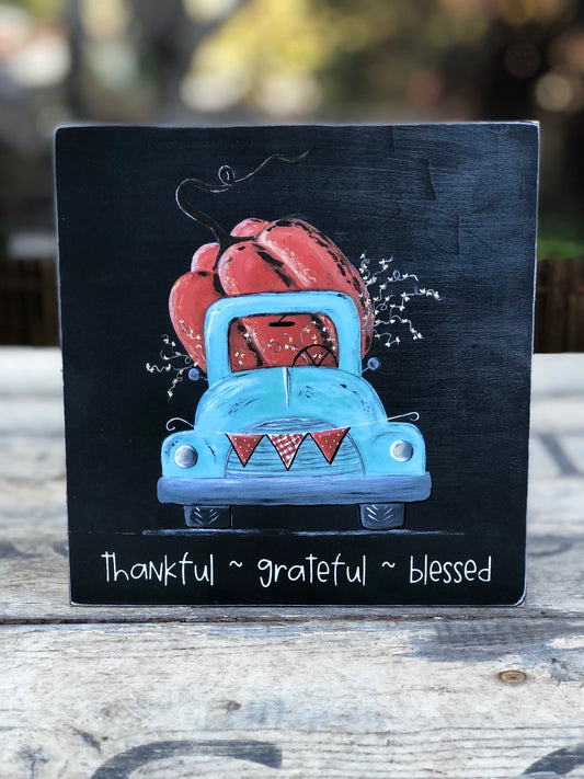 TRUCK -7.25 IN. SKY BLUE WITH PUMPKIN PRINT - WOOD SIGN