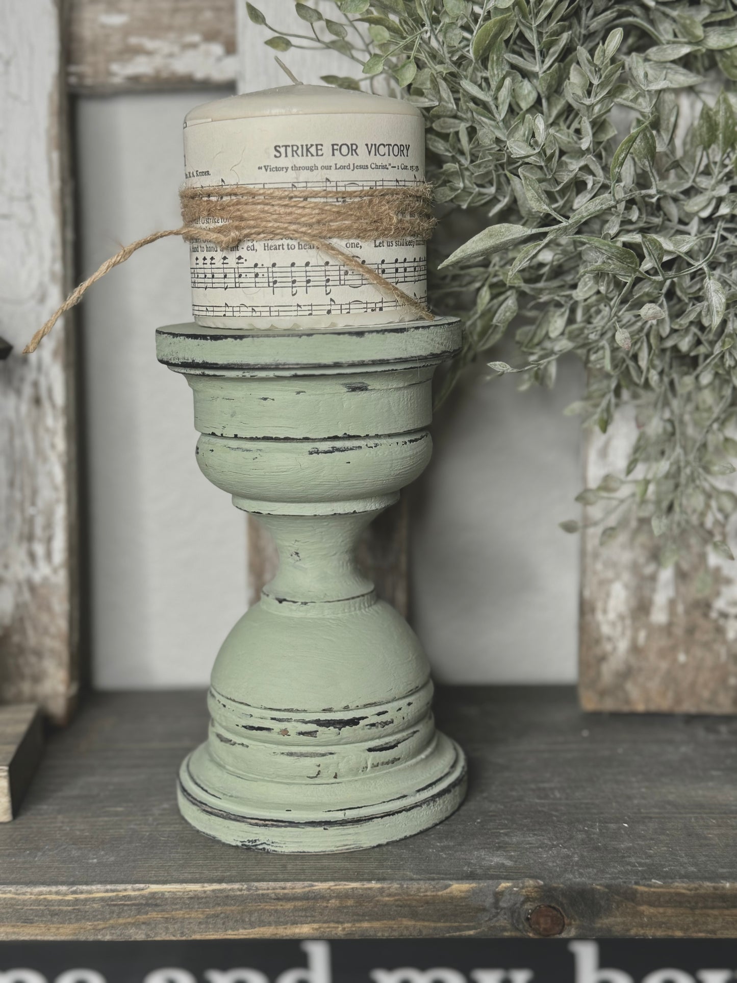 HANDMADE REPURPOSED WOOD CANDLE HOLDER  – UPCYCLED BED POST, TABLE LEG OR BANNISTER, DISTRESSED FINISH - INCLUDES HYMNAL WRAPPED PILLAR CANDLE
