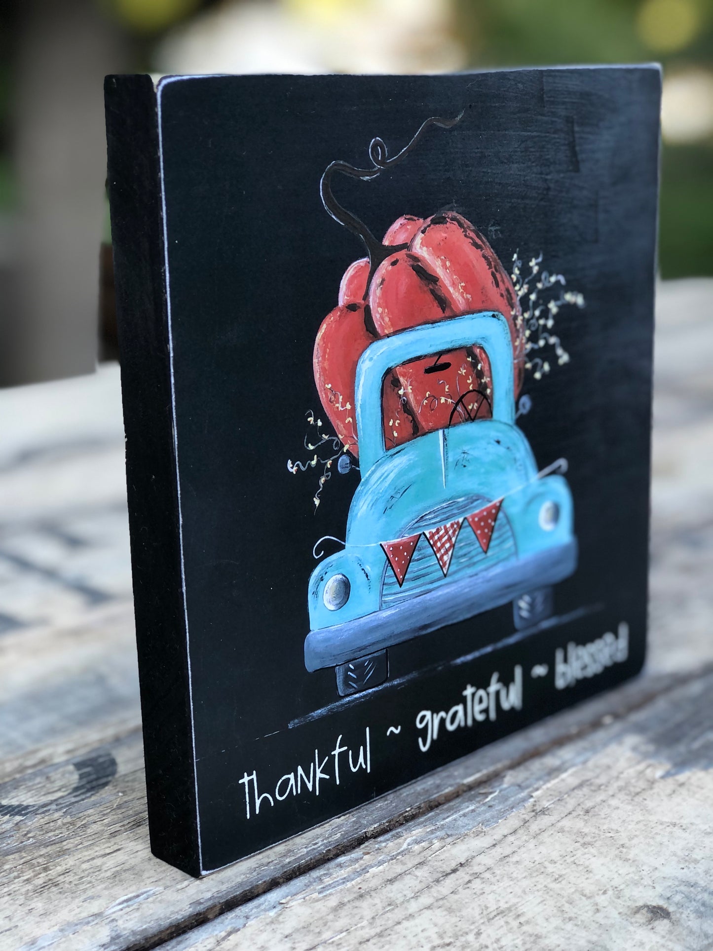 TRUCK -7.25 IN. SKY BLUE WITH PUMPKIN PRINT - WOOD SIGN