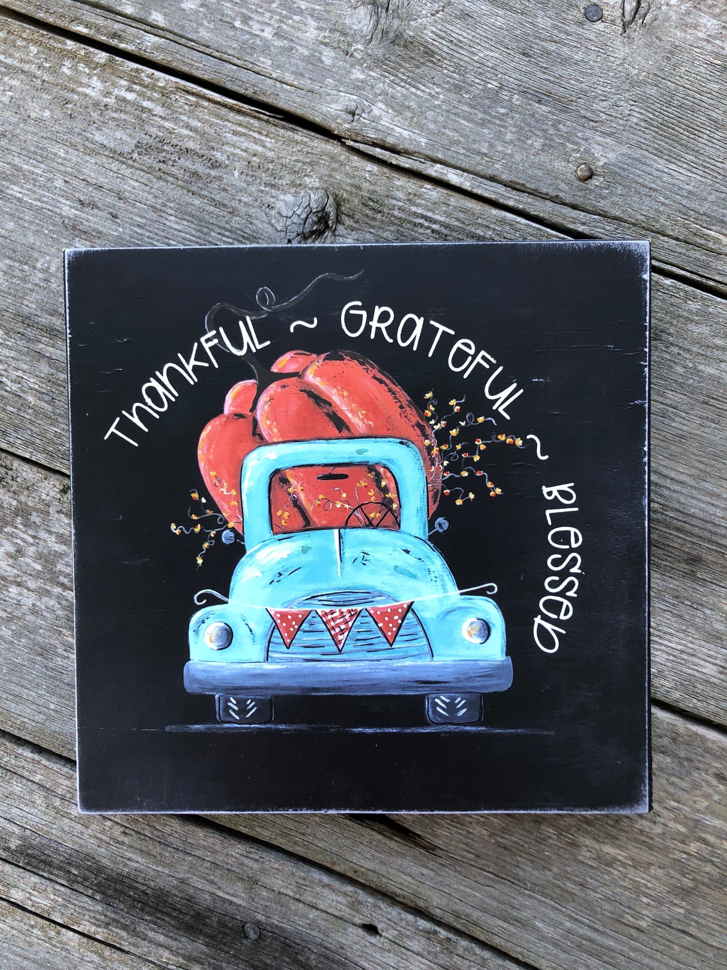TRUCK -9.25 IN. SKY BLUE TRUCK WITH PUMPKIN PRINT - WOOD SIGN