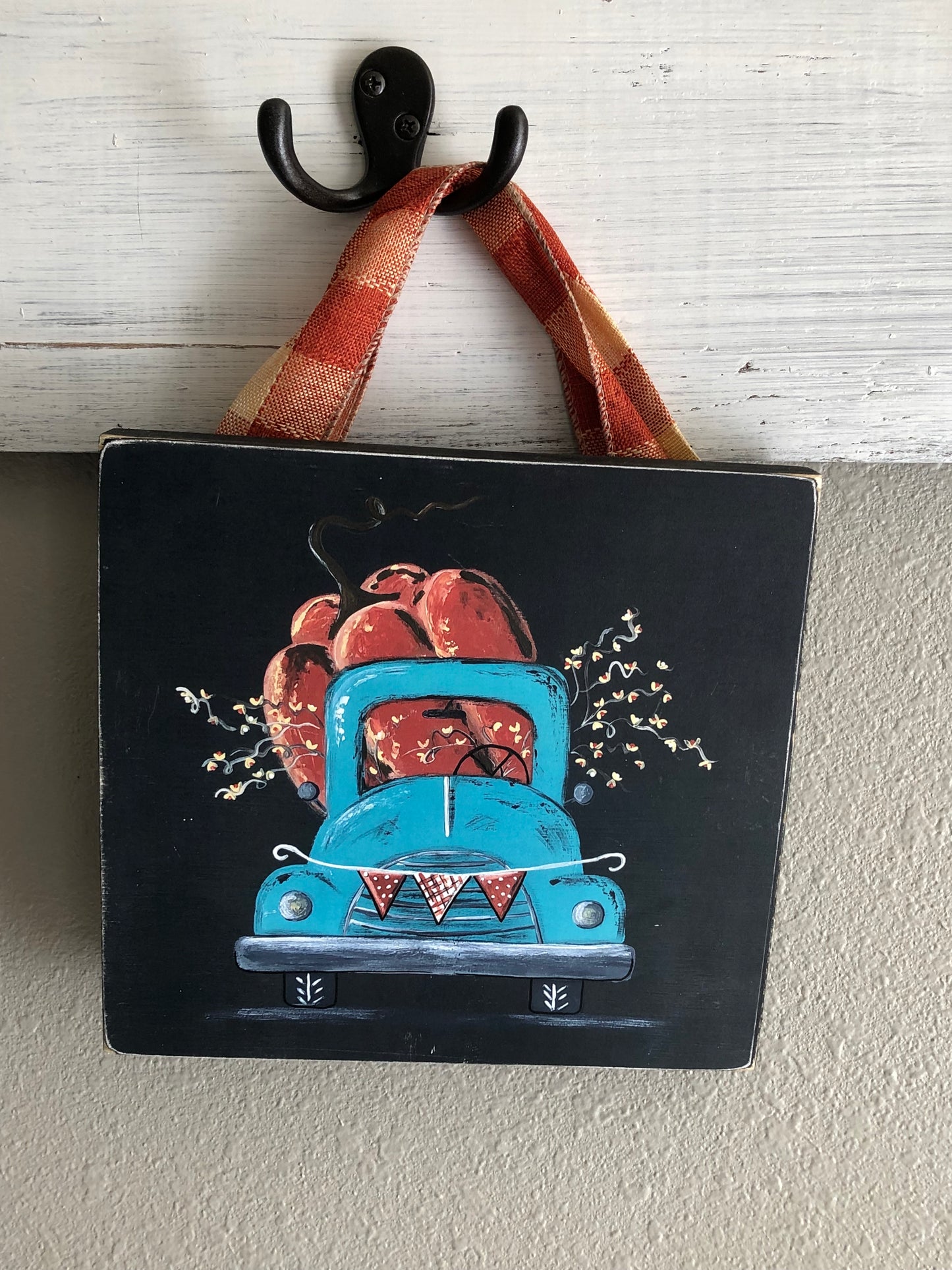 TRUCK -7.25 IN. TURQUOISE TRUCK WITH PUMPKIN PRINT - WOOD SIGN