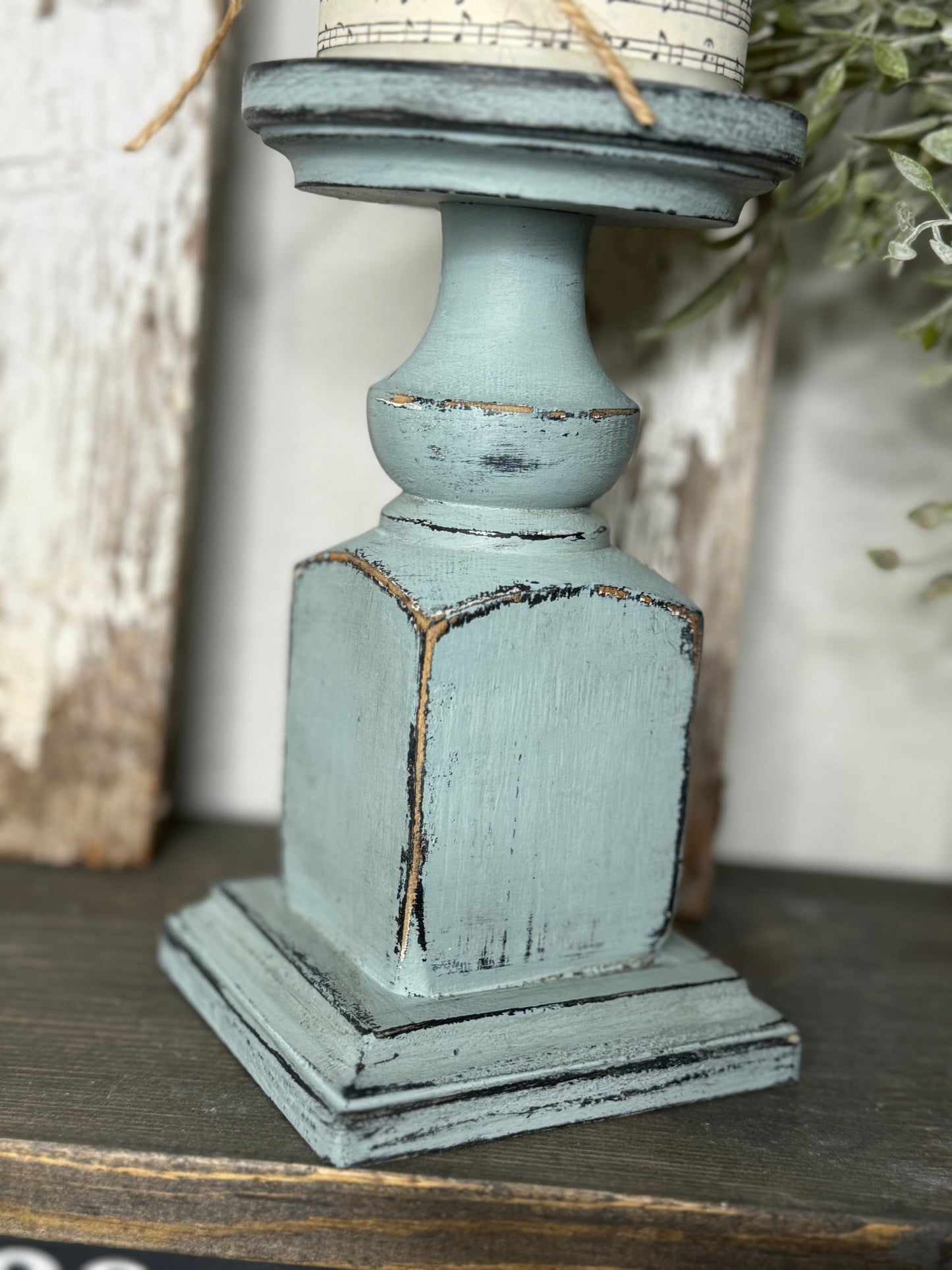 HANDMADE REPURPOSED WOOD CANDLE HOLDER  – UPCYCLED BED POST, TABLE LEG OR BANNISTER, DISTRESSED FINISH - INCLUDES HYMNAL WRAPPED PILLAR CANDLE