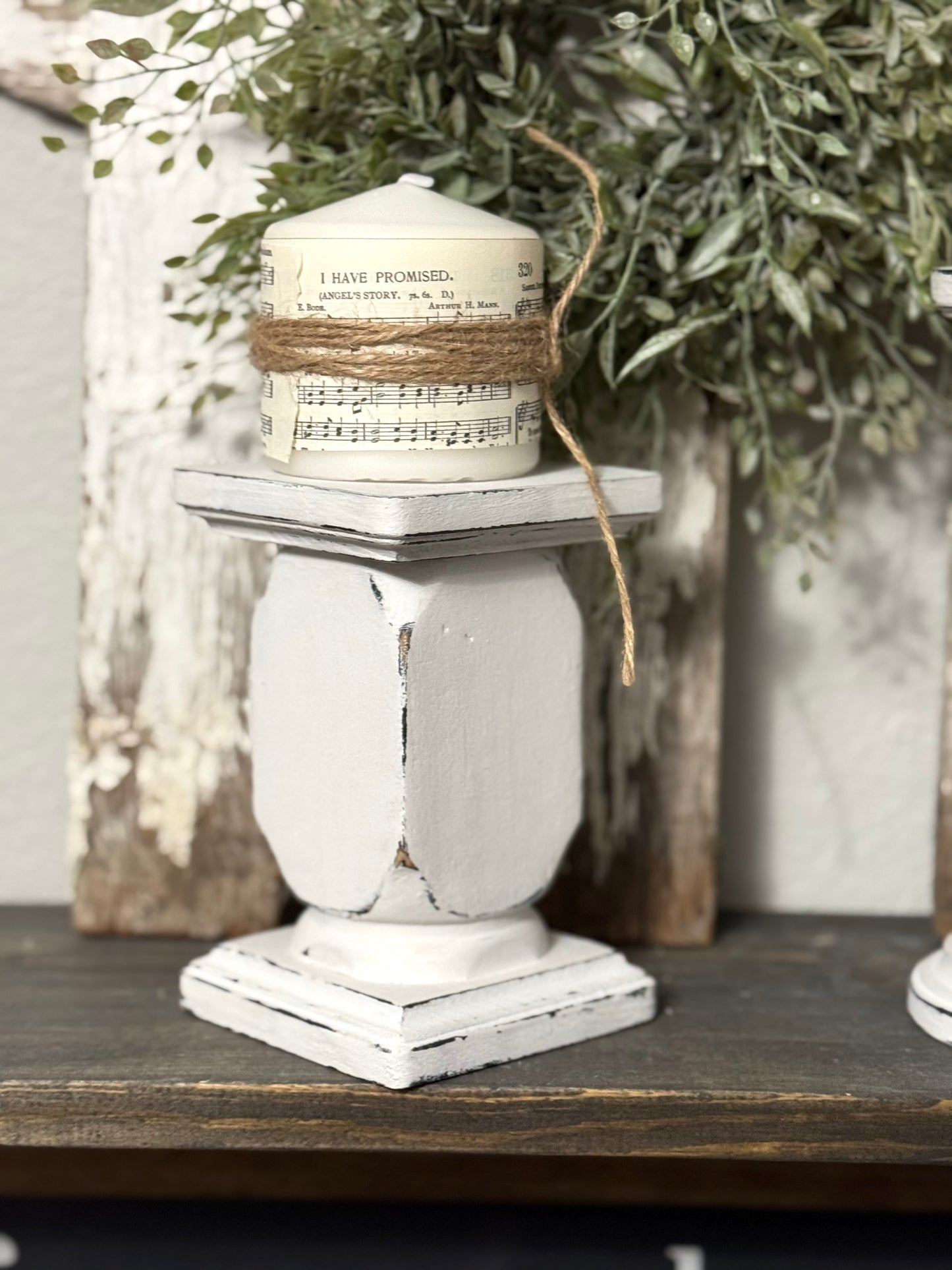 HANDMADE REPURPOSED WOOD CANDLE HOLDER  – UPCYCLED BED POST, TABLE LEG OR BANNISTER, DISTRESSED FINISH - INCLUDES HYMNAL WRAPPED PILLAR CANDLE
