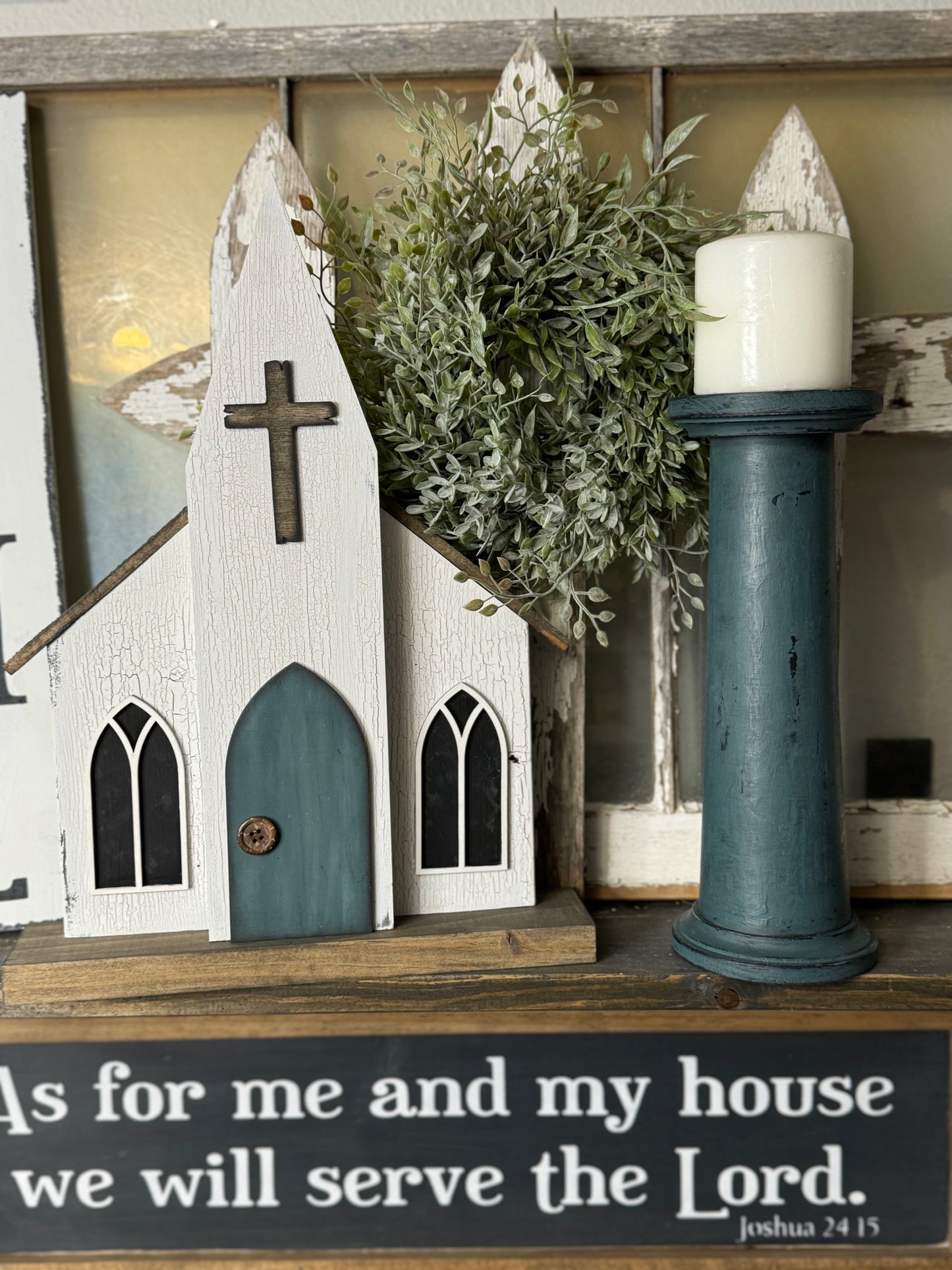 HANDMADE REPURPOSED WOOD CANDLE HOLDER  – UPCYCLED BED POST, TABLE LEG OR BANNISTER, DISTRESSED FINISH - INCLUDES HYMNAL WRAPPED PILLAR CANDLE