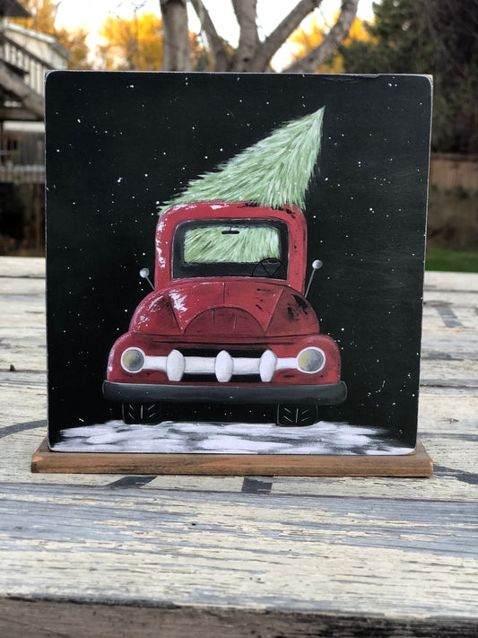 TRUCK -DOUBLE SIDED 5.25 IN. RED TRUCK WITH CHRISTMAS TREE PRINT WITH STAND - WOOD SIGN DECOR