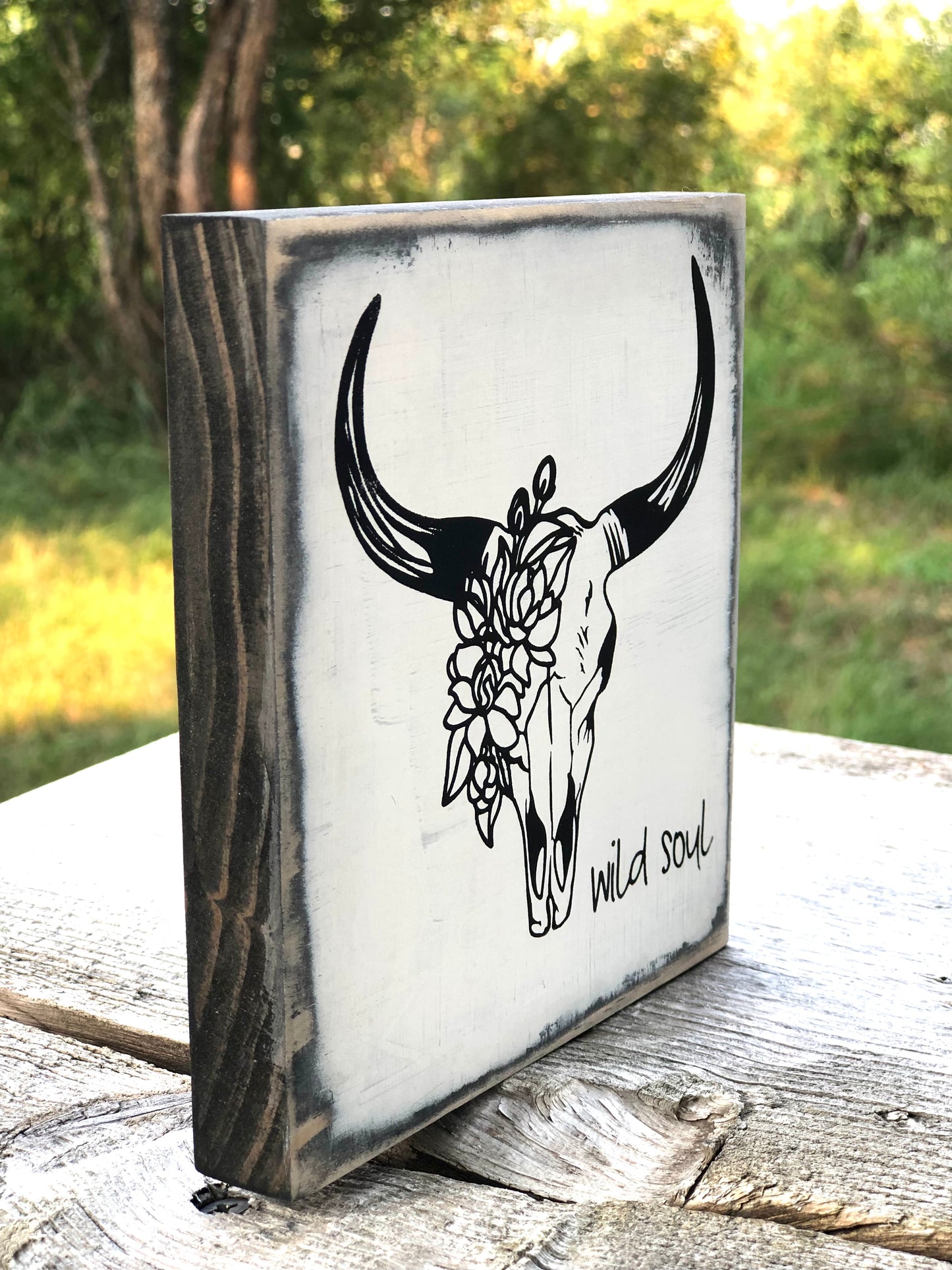 COW SKULL WITH FLOWERS WILD SOUL -WOOD SIGN