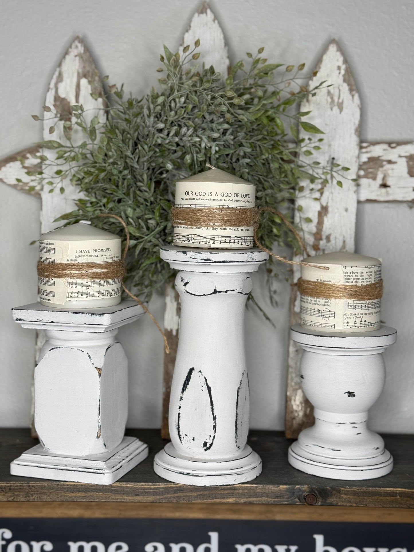 HANDMADE REPURPOSED WOOD CANDLE HOLDER  – UPCYCLED BED POST, TABLE LEG OR BANNISTER, DISTRESSED FINISH - INCLUDES HYMNAL WRAPPED PILLAR CANDLE