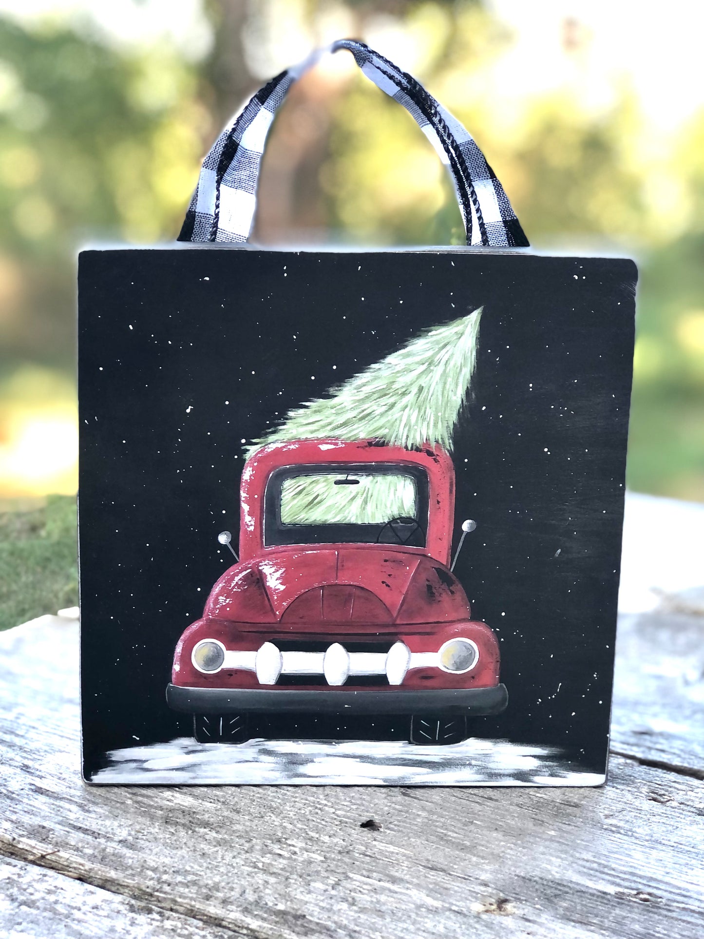 TRUCK -7.25 IN. RED TRUCK WITH CHRISTMAS TREE PRINT - DECOR