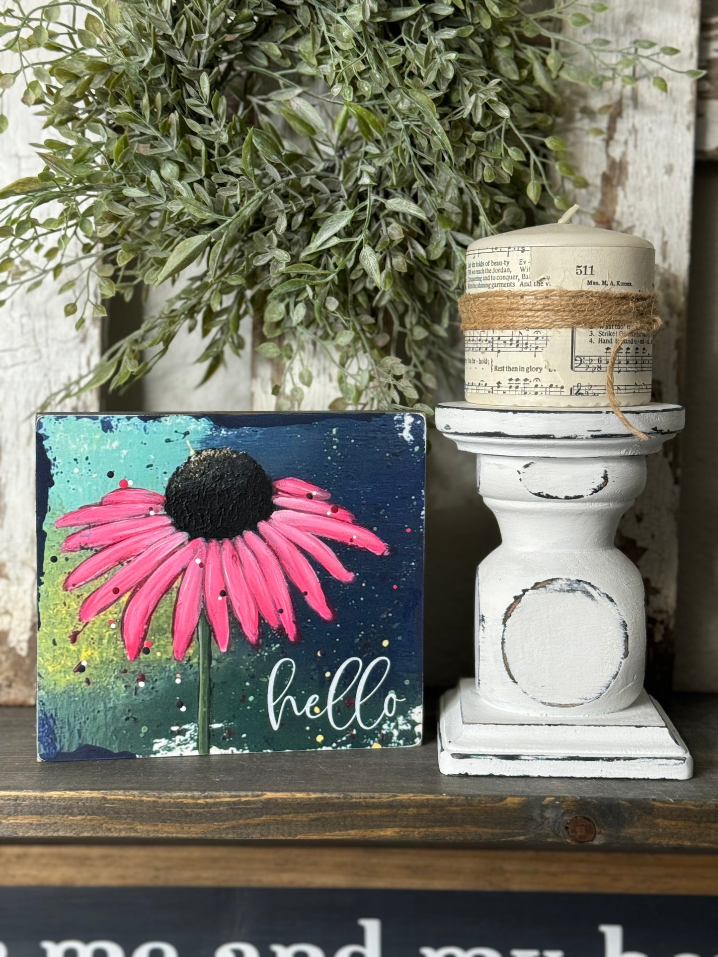 HAND PAINTED CONEFLOWER SIGN - MIXED MEDIA FLORAL PAINTING ON PRINTED BACKGROUND, UNIQUE FLOWER ARTWORK FOR SHELF OR MANTEL