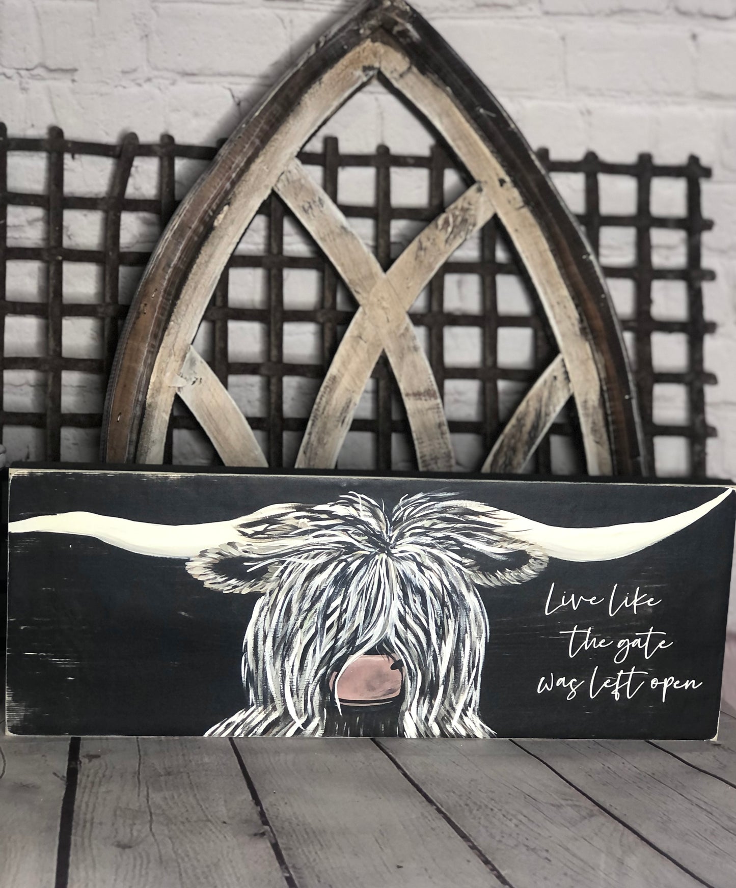 LIVE LIKE THE GATE WAS LEFT OPEN HIGHLANDER COW PRINT - WOOD SIGN