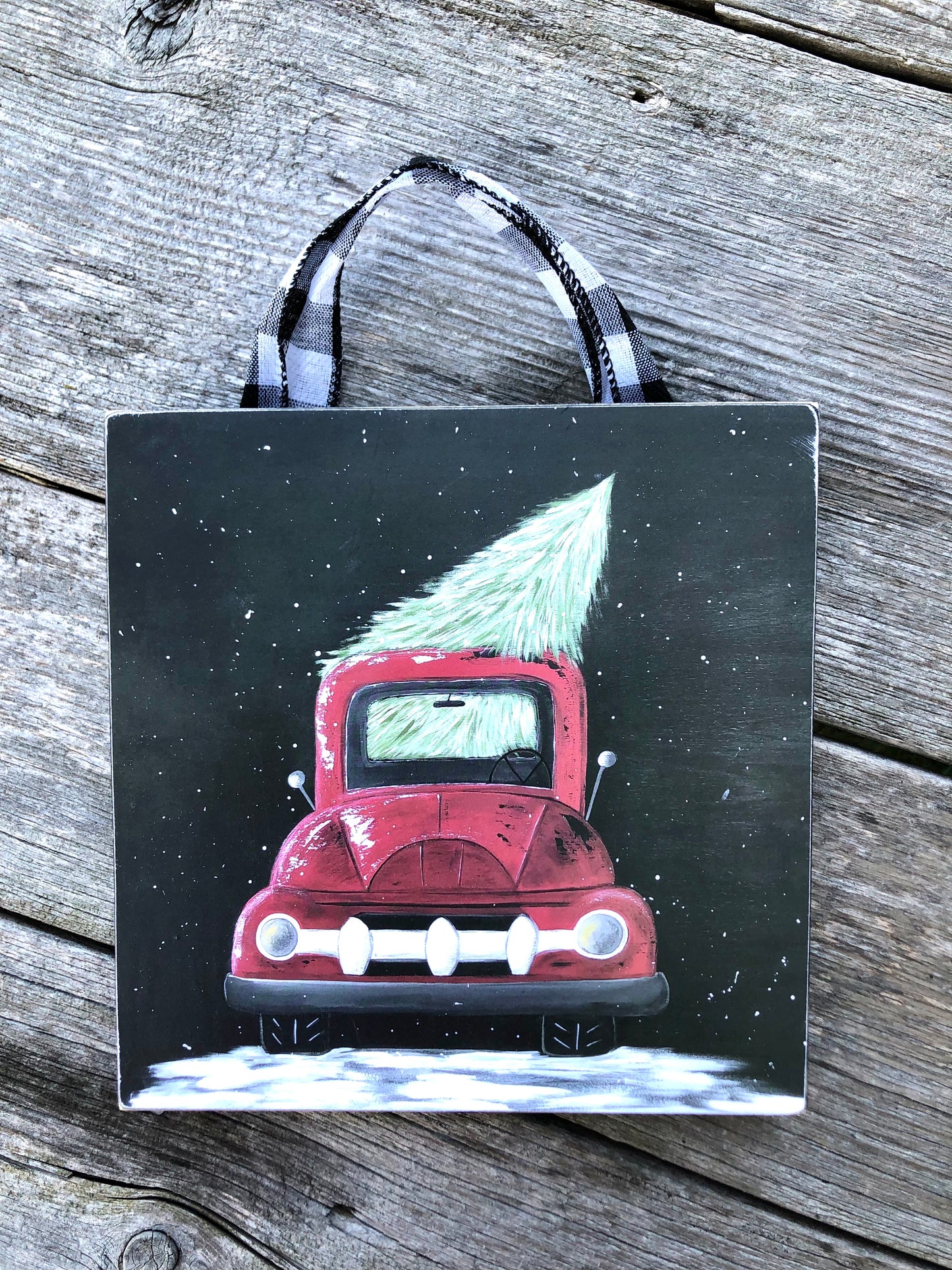 TRUCK -7.25 IN. RED TRUCK WITH CHRISTMAS TREE PRINT - DECOR