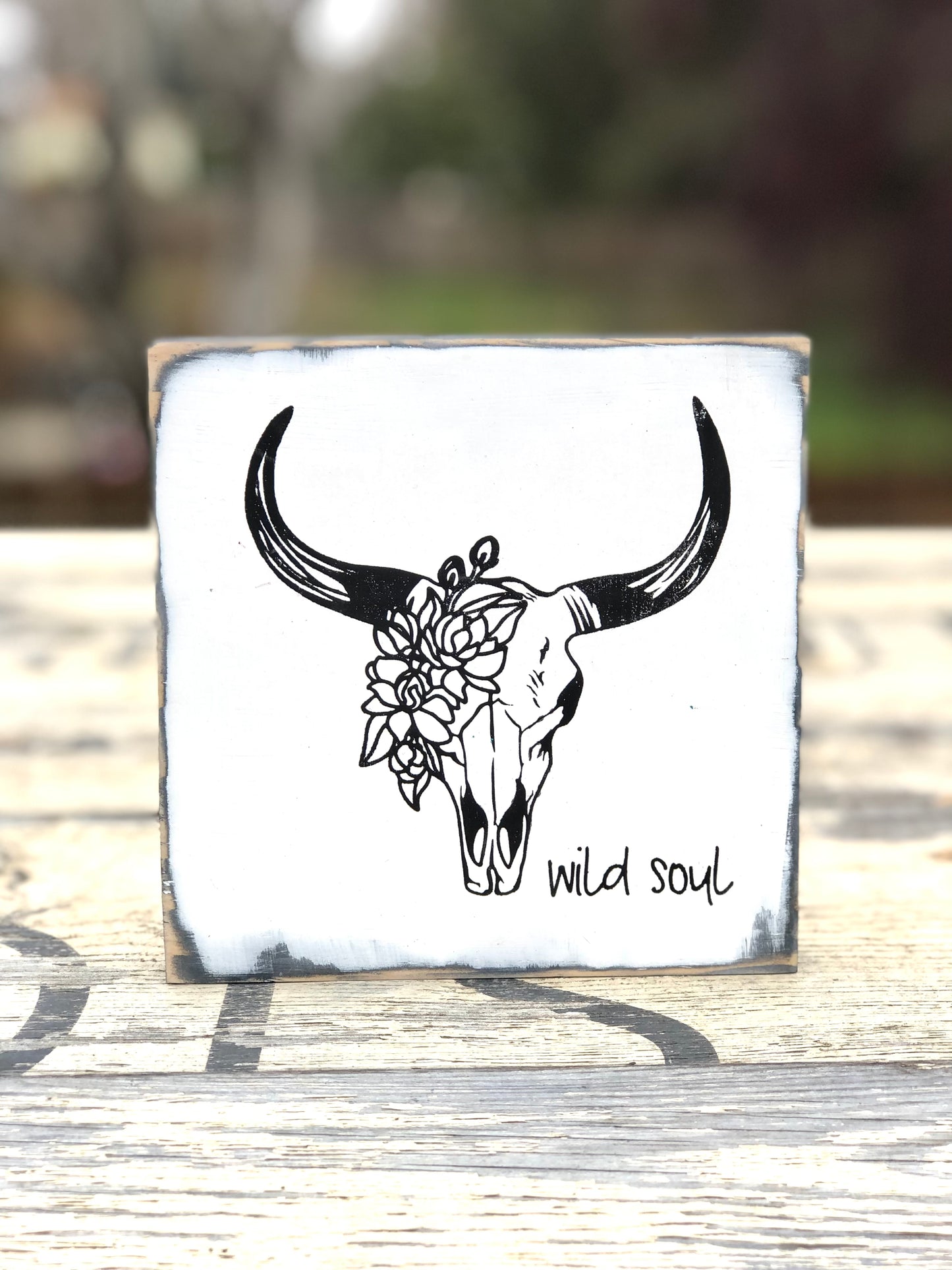 COW SKULL WITH FLOWERS WILD SOUL -WOOD SIGN