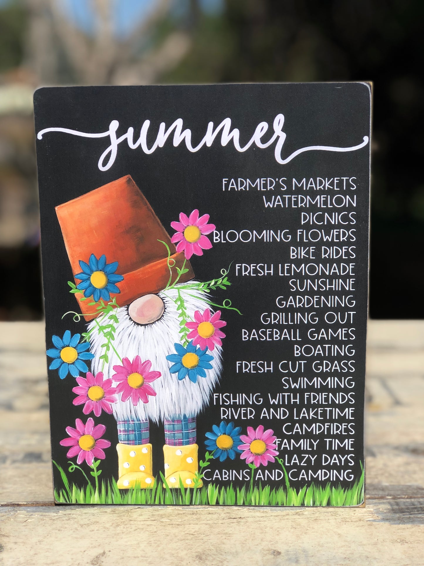 GNOME PRINT - SUMMER BUCKET LIST WITH FLOWER POT HAT WEARING GNOME- WOOD SIGN