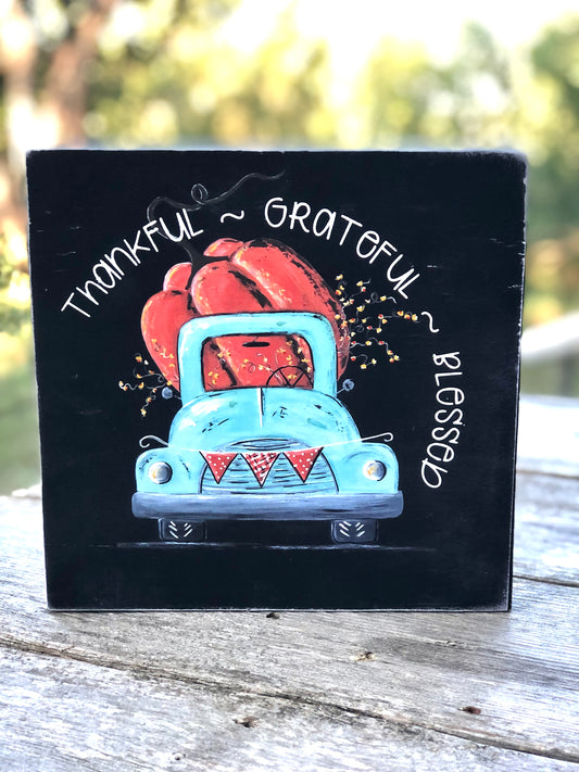TRUCK -9.25 IN. SKY BLUE TRUCK WITH PUMPKIN PRINT - WOOD SIGN