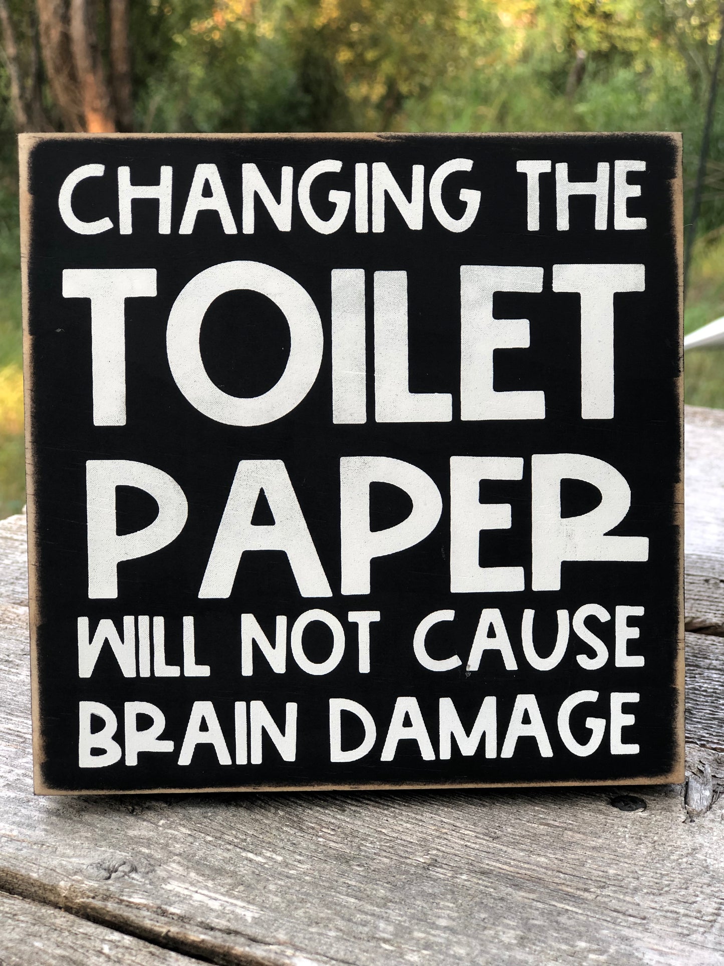 CHANGING THE TOILET PAPER WILL NOT CAUSE BRAIN DAMAGE -WOOD SIGN