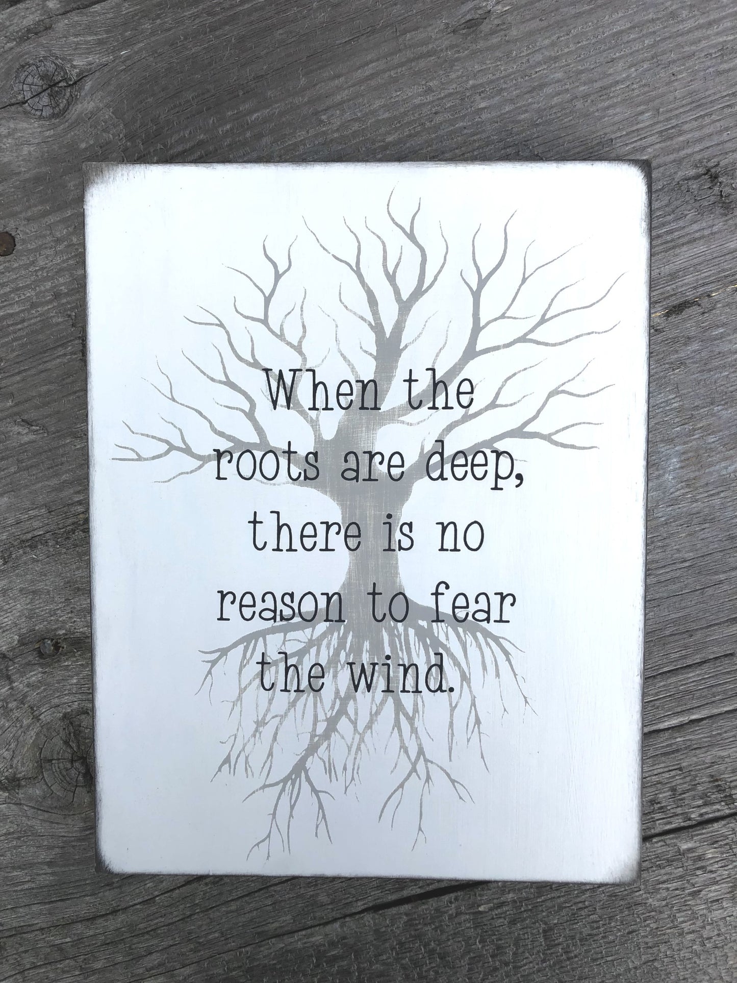 WHEN THE ROOTS ARE DEEP THERE IS NO REASON TO FEAR THE WIND -WOOD SIGN
