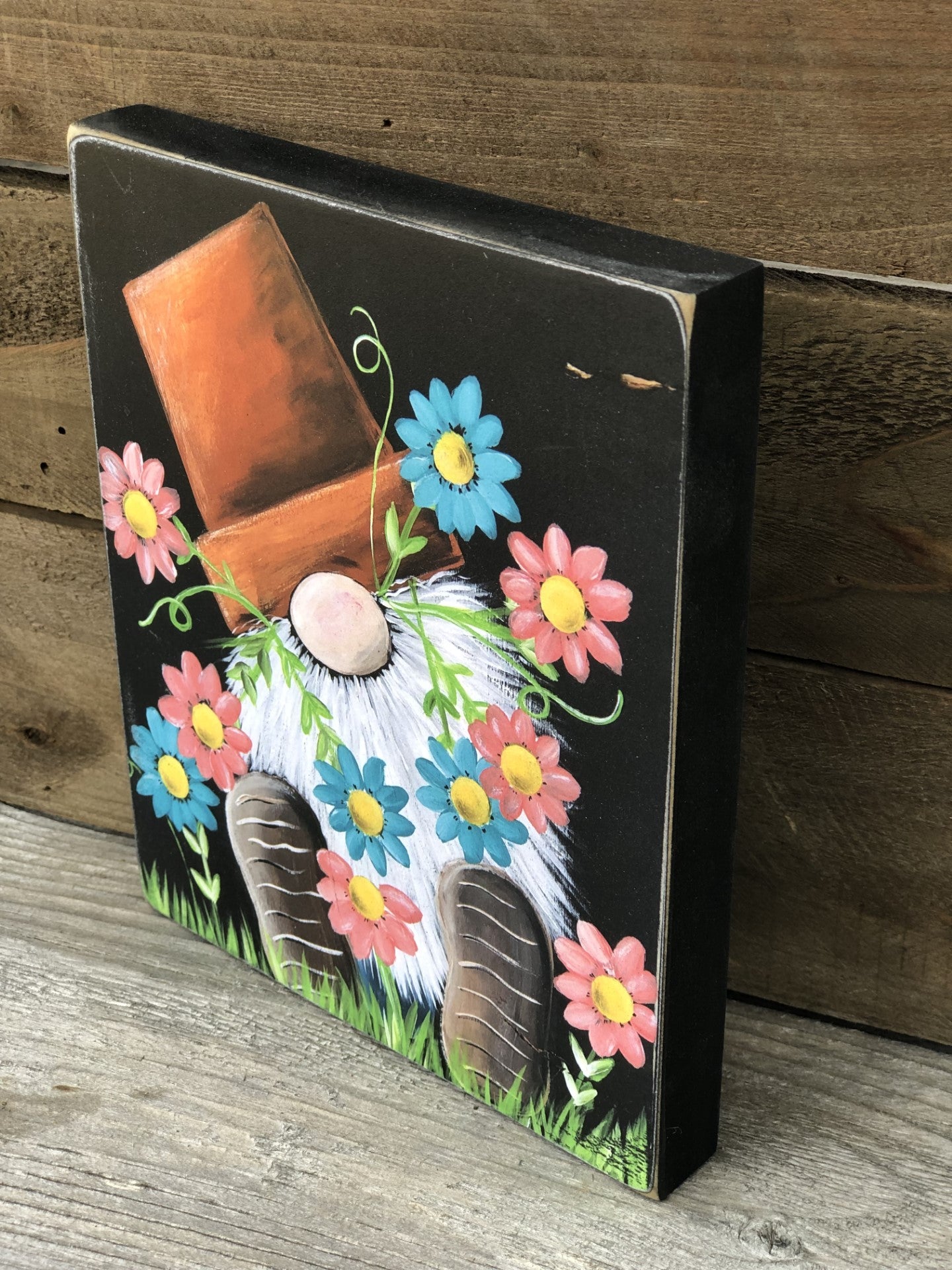 GNOME PRINT - BLUE AND PINK FLORAL POTHEAD - WOOD SIGN