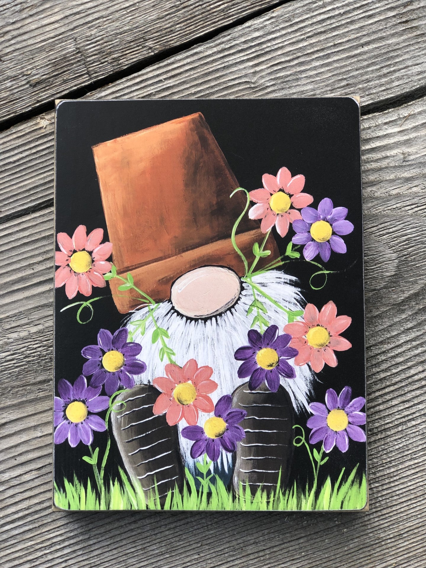 GNOME PRINT - PINK AND PURPLE FLOWER POT HEAD GNOME