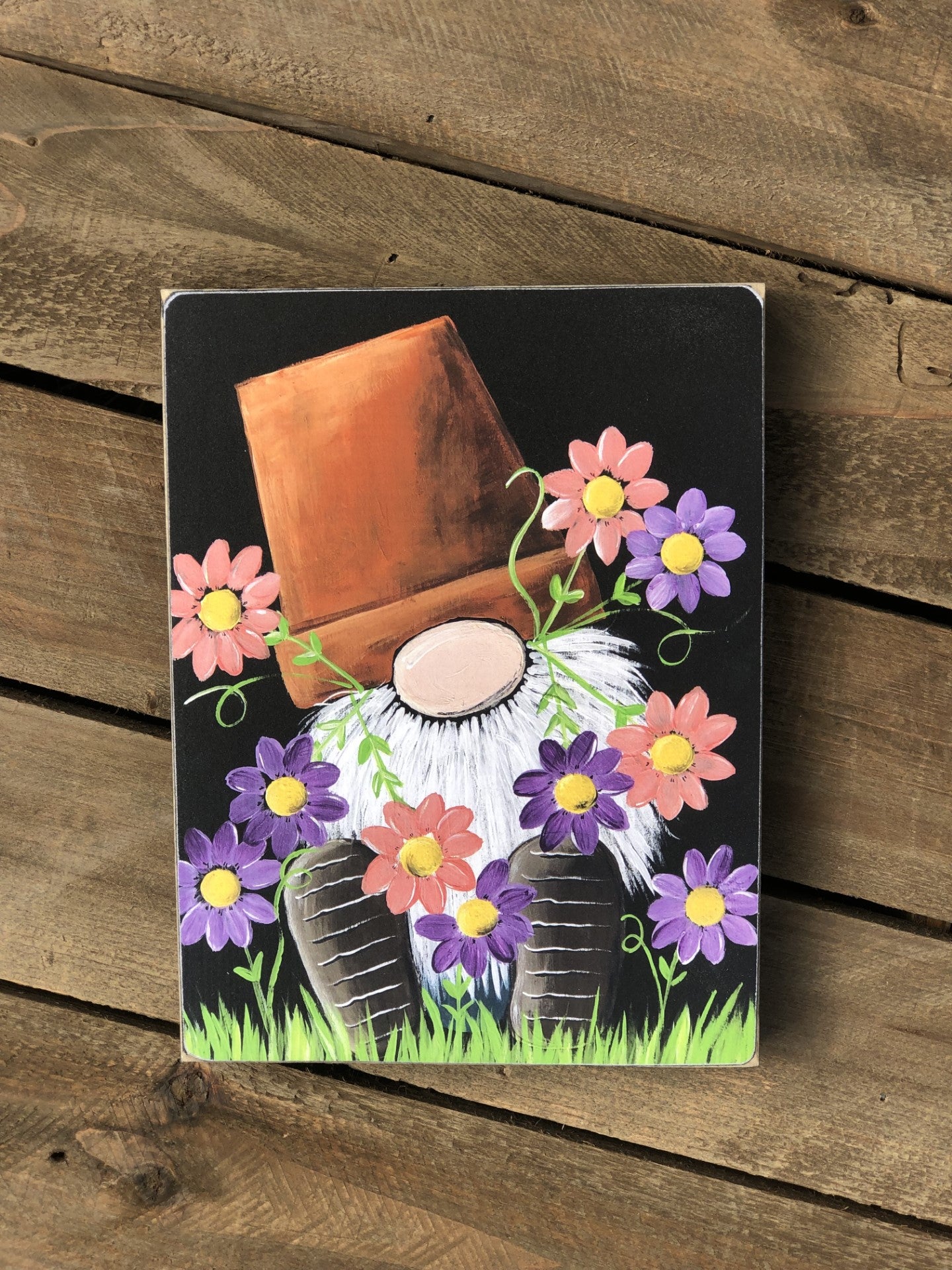 GNOME PRINT - PINK AND PURPLE FLOWER POT HEAD GNOME