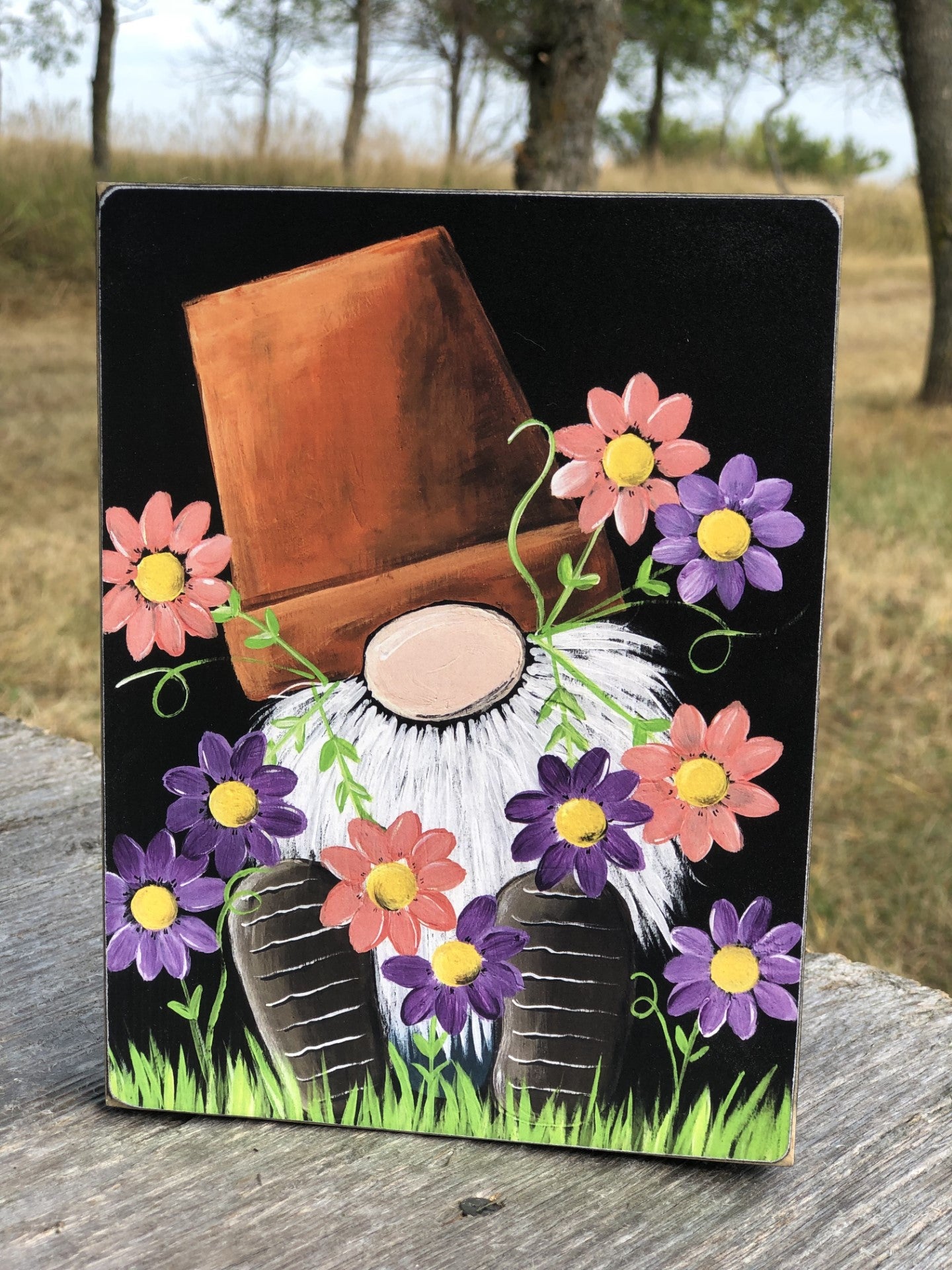 GNOME PRINT - PINK AND PURPLE FLOWER POT HEAD GNOME